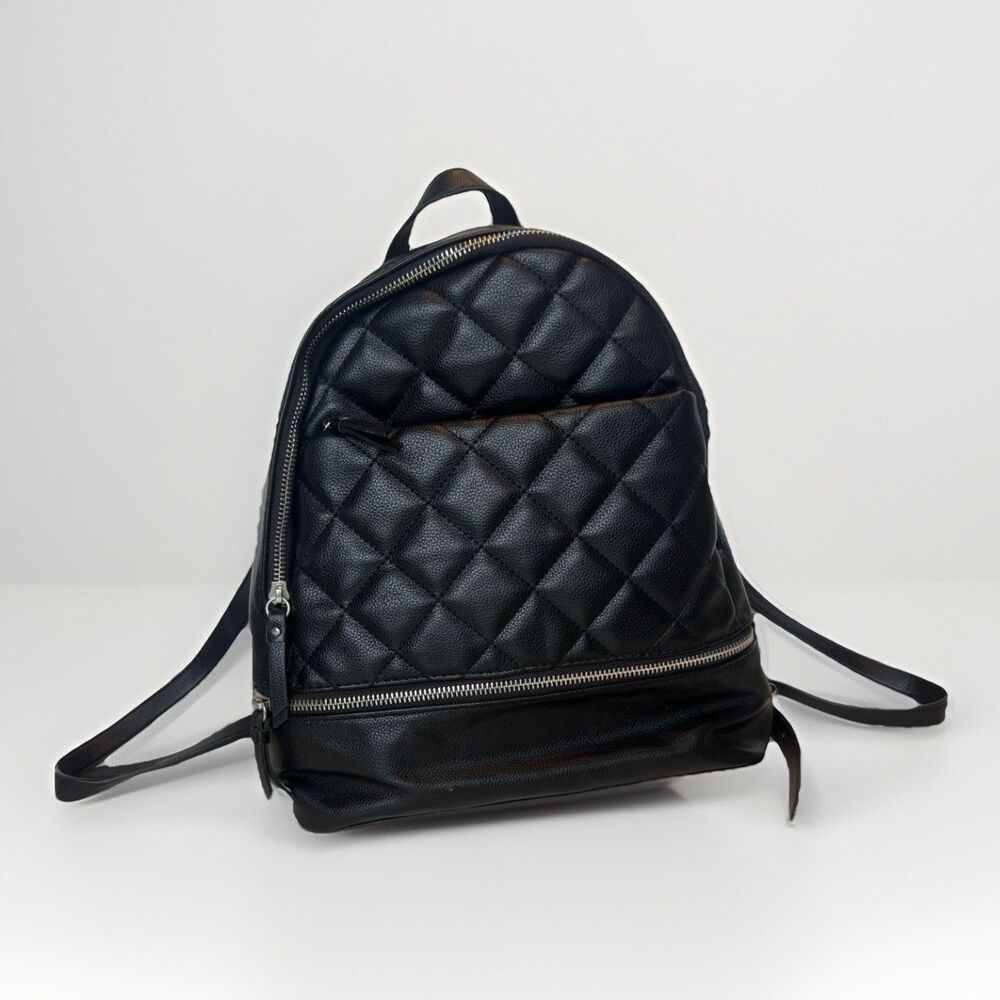Mini 11” Backpack Black Quilted Sling Purse Multi Pocket With Zippers